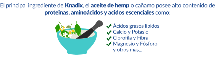 El principal ingrediente de Knadix, el aceite de hemp o cañamo posee alto contenido de proteinas, aminoácidos y acidos escenciales como: hierro, azufre, magnesio